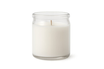 White scented candle in glass jar with wick