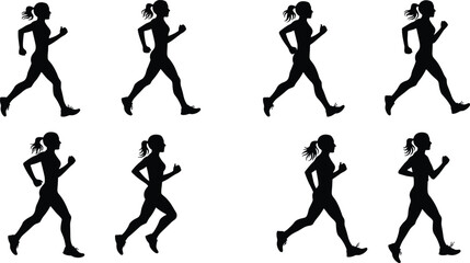 Silhouette of woman jogging and running, fitness training, healthy lifestyle, exercise motivation, sport activity, outdoor workout, female athlete illustration