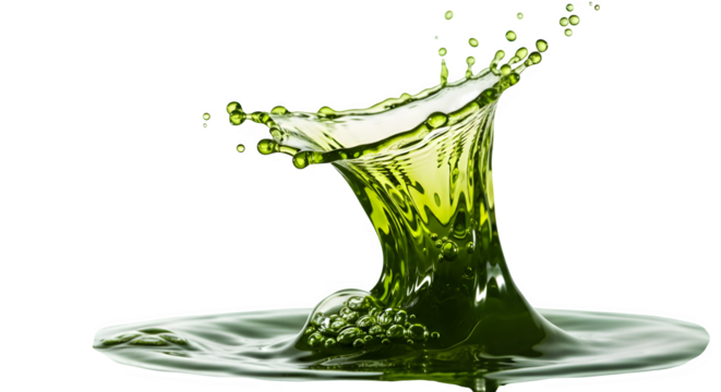 Green tea or matcha splash creating a liquid crown, vibrant healthy juice with droplets and reflection, transparent background