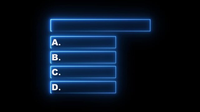 Neon Quiz Animation with option selection ,Quiz template challenge with option selection, Neon Line Animation on empty background for quiz and competition. quiz question and answers with option. 