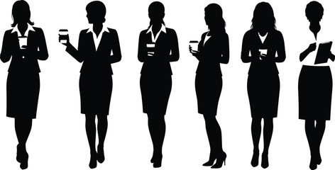 Business women silhouettes holding coffee, phone, tablet in casual poses, professional attire, workplace routine, vector flat cad drawing illustration
