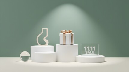 Minimalist 3d scene featuring a gift box and abstract shapes on podiums, with a 1111 sale sign, set against a muted green background, perfect for elegant retail promotions