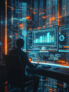 Man analyzing futuristic data dashboard in high tech office symbolizing digital business and innovation