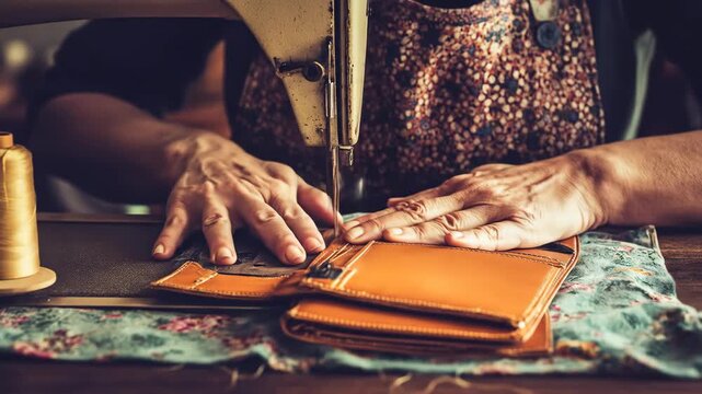 Hands guide leather onto a sewing machine for crafting an accessory.