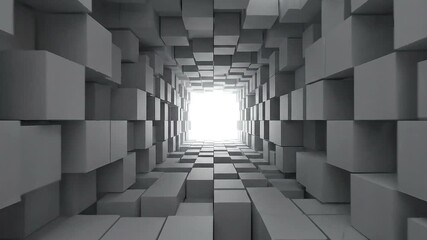 Abstract 3D tunnel of white and gray cubes with bright light at the end, creating an illusion of depth and infinite space. - Powered by Adobe