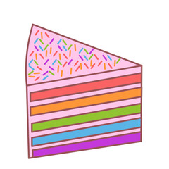 Rainbow cake with sprinkles oA piece of birthday cake.Bakery, cafe and restaurant.Cherry pie.Sweet holiday bakery pieces.Sign, symbol, icon or logo isolated.Graphic design.Cartoon vector illustration.