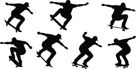Skateboarder silhouette performing tricks, jumping stunts and skating moves, extreme sports illustration, urban street style, active lifestyle concept design