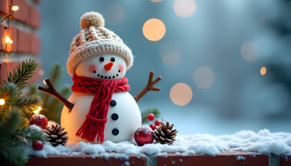Obraz premium Festive snowman with a red scarf and hat in a winter wonderland setting.
