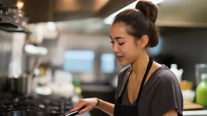 Asian young female chef cooking in professional kitchen with a smile