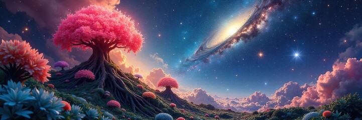 Cosmic Plant A Surreal Dreamscape of Vibrant Nebulae and Starlight Shimmering Leaves