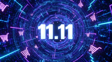 A futuristic digital representation of 1111, with glowing neon lines, circuit patterns, and shopping cart icons, creating a vibrant and dynamic visual for online sales and ecommerce