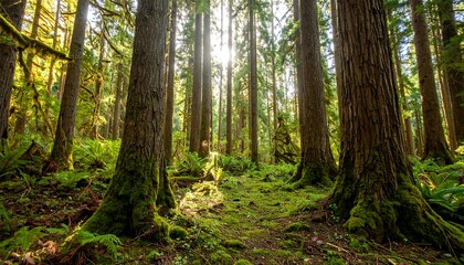 Obraz premium Sunlight Filtering Through Lush Green Forest Canopy Landscape