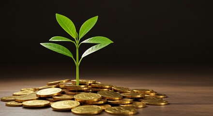 Green sprout growing from pile of gold coins on wooden surface plant growth