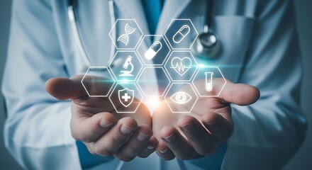 A doctor in a white coat presents a digital display of medical icons, symbolizing healthcare technology, innovation, and the integration of digital solutions in modern medicine and research