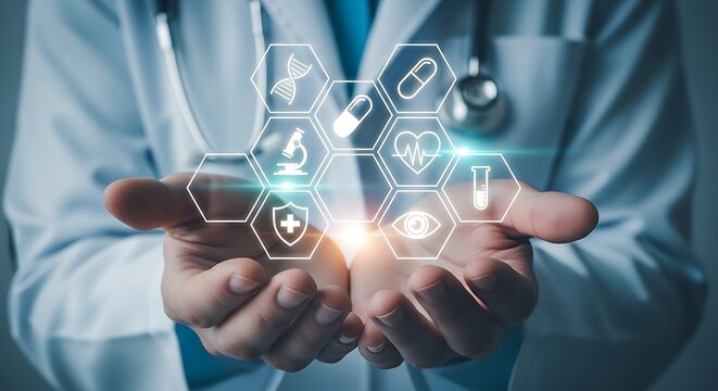A doctor in a white coat presents a digital display of medical icons, symbolizing healthcare technology, innovation, and the integration of digital solutions in modern medicine and research
