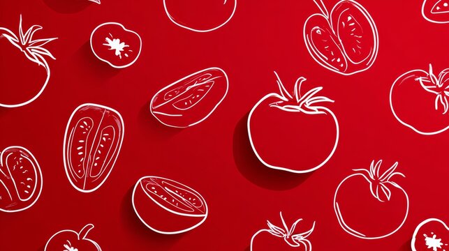A red background with a white outline of tomatoes. The tomatoes are drawn in black and white. Concept of freshness and abundance, as it showcases a variety of tomatoes in different shapes and sizes