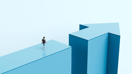 Man walking across large broken arrow, overcoming gap, courage, challenge, determination, resilience, progress - 3d render