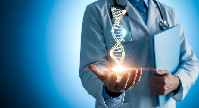 A doctor in a white coat holding a glowing dna strand in his hand, symbolizing genetics, medicine, and scientific advancement in healthcare and biotechnology research