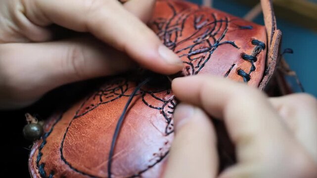 Hands stitch and carve detailed patterns onto brown leather.