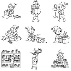 Collection of cartoon elves preparing and presenting Christmas gifts, wrapping and organizing presents.