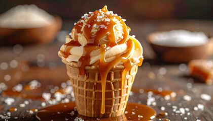 Salted caramel swirl ice cream dripping from waffle cone, close-up
