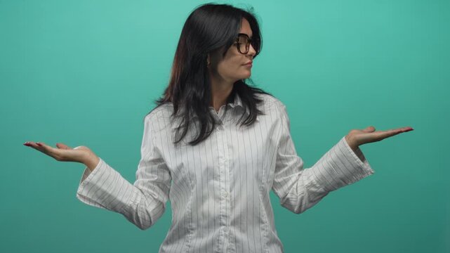 Young hispanic woman wearing glasses and striped shirt holding open palms in a teal studio; uncertainty.