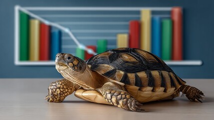 A turtle is laying on a table in front of a graph that shows a downward trend. The turtle appears to be looking at the graph, as if it is trying to understand the data