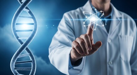 A scientist in a lab coat is interacting with a digital interface, possibly related to genetics or biotechnology, with a dna double helix structure visible in the background, suggesting research