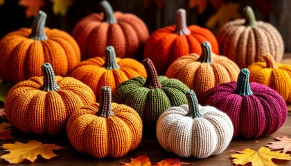Handmade knitted and crocheted pumpkins in orange, green, cream and brown on a rustic wooden table with scattered autumn leaves, evoking cozy fall and thanksgiving decor