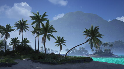 A serene tropical beach features tall palm trees swaying gently in the breeze, with clear turquoise waters lapping against the shore under a bright blue sky. © icetray