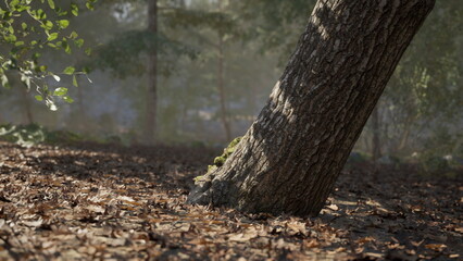 A large tree leans at an angle in a tranquil forest, its bark textured and rough. The ground is covered with brown fallen leaves, enhancing the peaceful atmosphere of nature.