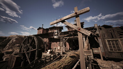 A rustic wooden structure features a large water wheel beside it. Clouds drift in the sky as the scene captures the essence of a bygone era. The old architecture evokes a sense of history.