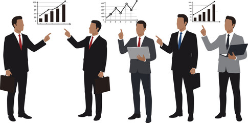 Business professionals analyzing financial data charts, teamwork strategy, corporate growth, bar graph presentation, office analytics, cad drawing flat vector illustration