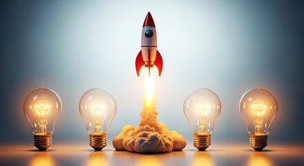 A vibrant illustration showcasing a rocket launching amidst a row of glowing light bulbs, symbolizing innovation, creativity, and the spark of new ideas in a dynamic composition
