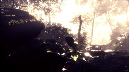 In a tranquil forest, soft morning light cascades through the trees, highlighting vibrant green leaves and creating a serene atmosphere. Nature wakes gently in the early hours.