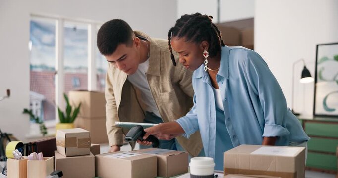 Ecommerce, tablet and team scan boxes for order accuracy, shipping process or track inventory. Small business, online shop or people with CCD reader at logistics startup for parcel barcode or pricing