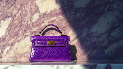 Stunning purple textured handbag with elegant gold clasp showcased against luxurious marble backdrop, perfect for fashion editorials and lifestyle content.