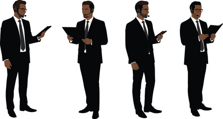 Businessman in formal attire using tablet device with headset, ideal for illustrating virtual meetings, presentations, and digital workplace concepts