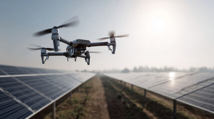 Solar panel farm drone inspection at sunrise capturing aerial survey and renewable energy monitoring