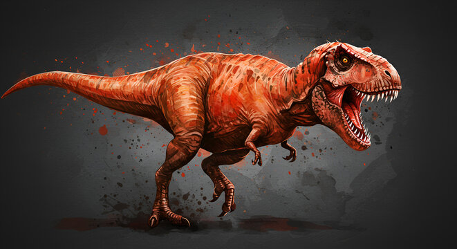 Red glowing T-Rex dinosaur roaring in dark background with intense cinematic light.