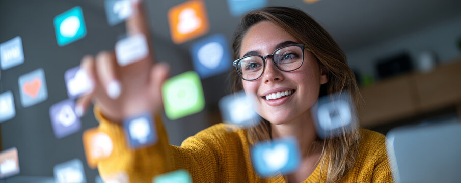 Young woman wearing glasses smiling while interacting with colorful digital app icons on transparent touchscreen