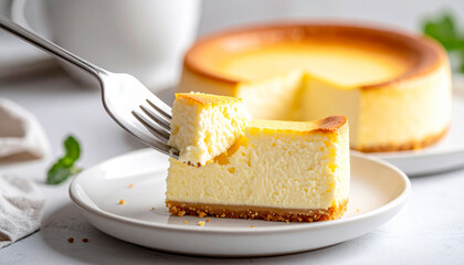 Japanese souffl&eacute; cheesecake with fork sinking in, fluffy texture slightly collapsing