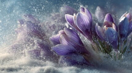 Snow-crowned crocuses herald the dawn of seasonal transitions. Creative concept. The first blush of spring: crocuses and snow in harmonious contrast. Abstract beauty. Dreamlike imagery.