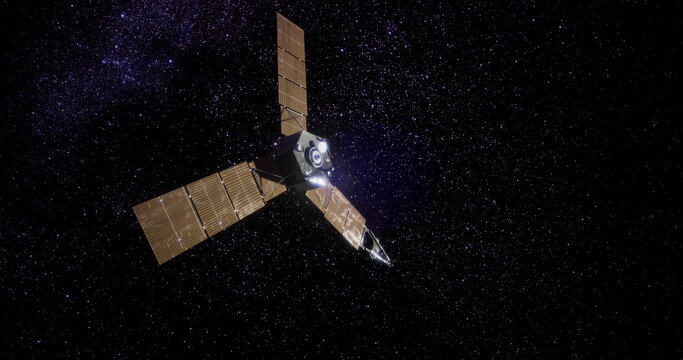 Juno spacecraft orbits Jupiter, gathering vital data about the planets atmosphere and magnetic field. Its solar panels collect energy while navigating through the vastness of space.