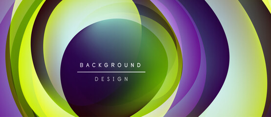 Abstract concentric circles, vibrant colors blend. Green, purple, yellow create dynamic visual effect. Modern design element.