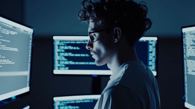 Young hacker focused on code lines on screen. Programmer examines source code on monitor. Technology expert tests cybersecurity vulnerability. Hacker reads and edits system code in dark secure room.
