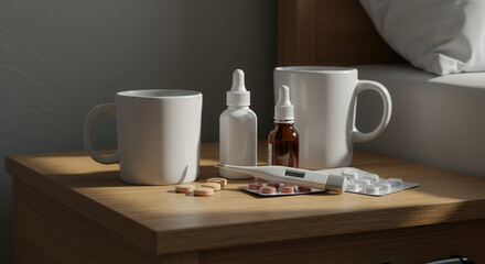 Obraz premium Cozy bedside table with mugs, medication, and thermometer in morning light 