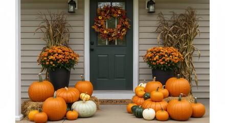 Autumn front porch decorated with various pumpkins and flowers  