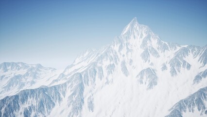 Obraz premium Towering mountains rise majestically against a brilliant blue sky. The serene landscape showcases glistening snow and rugged terrain, inviting adventure and exploration.