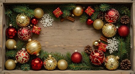 Christmas ornaments and decorations arranged on wooden background  